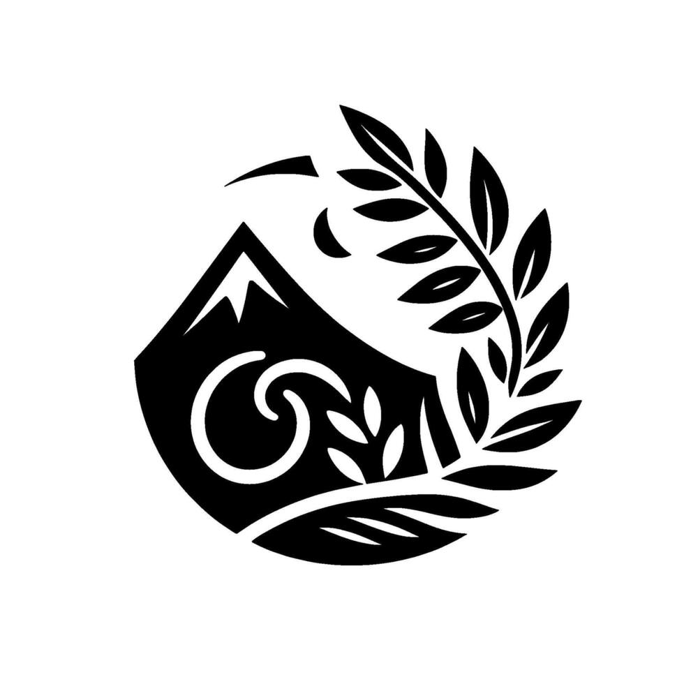 Black and White Mountain, Crescent Moon, Decorative Foliage in Circle, Minimalist Design. vector