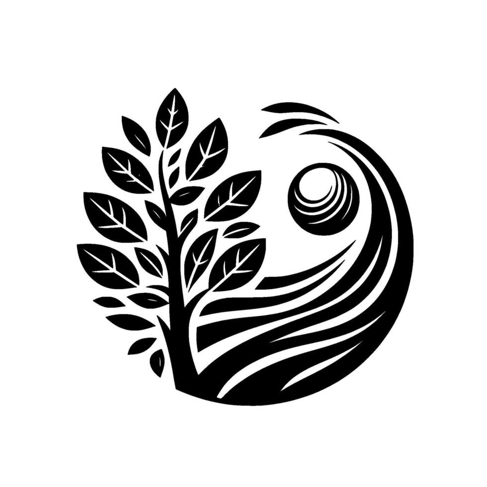 Yin Yang Tree Water Symbol Black and white minimalist circular representing natures balance. vector