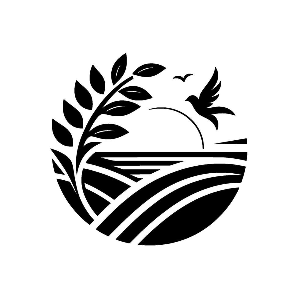 Black and White Circular Depicting Rural Landscape with Wheat, Sunset, and Flying Bird Peaceful Nature Icon. vector