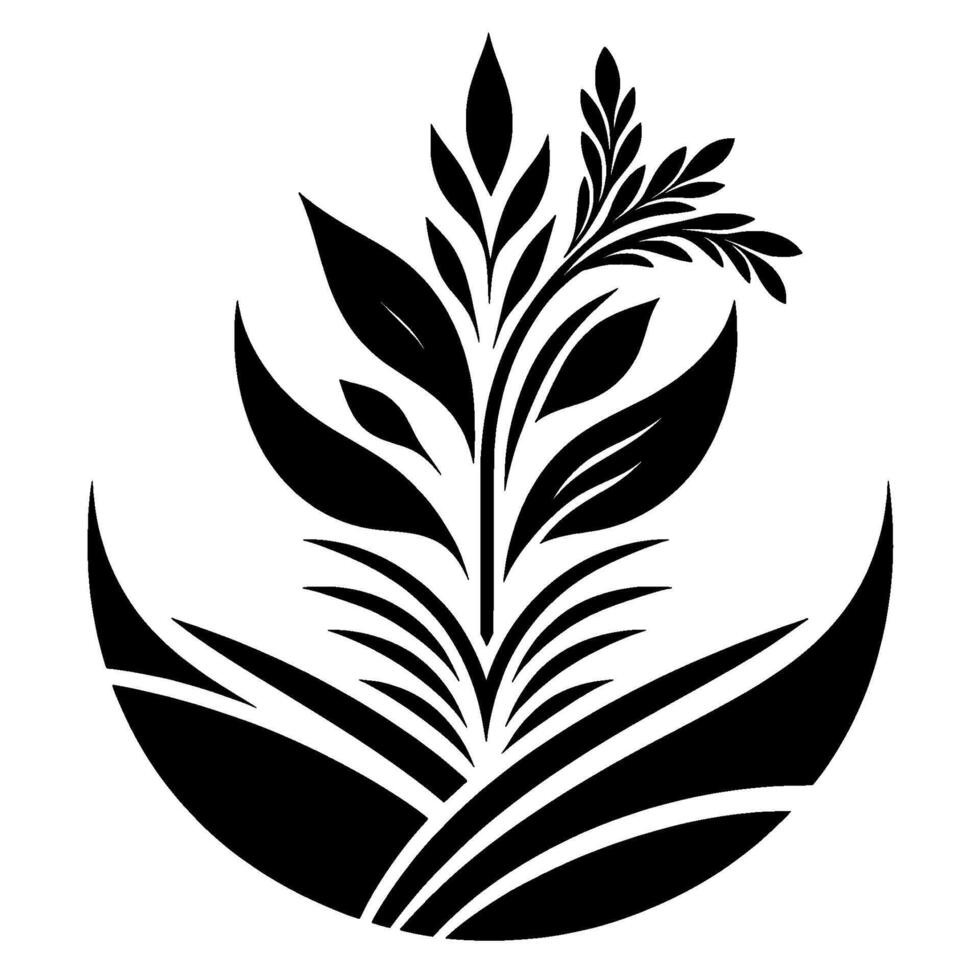 Bold Black and White Floral Emblem Depicting a Stylized Plant with Crescentlike Base and Branching Leaves. vector