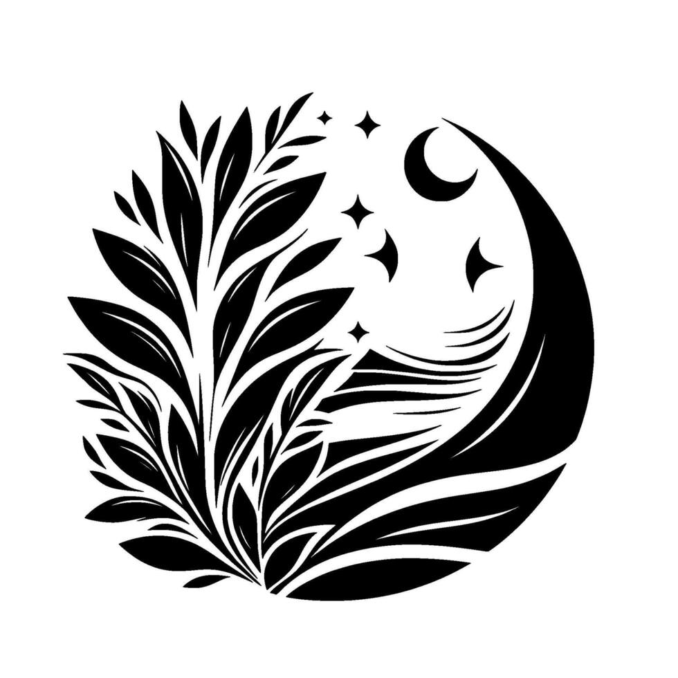 Elegant Minimalist Black White Circular Design Lush Foliage, Crescent Moon, and Sparkling Stars, a Symbolic Serene Nightscape. vector