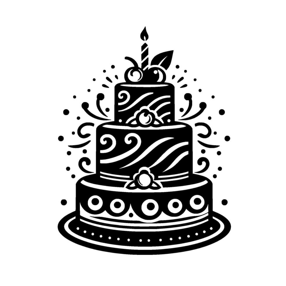 illustration of a threetiered birthday cake with candle, cherries, swirl decorations, and dots on a white background. vector