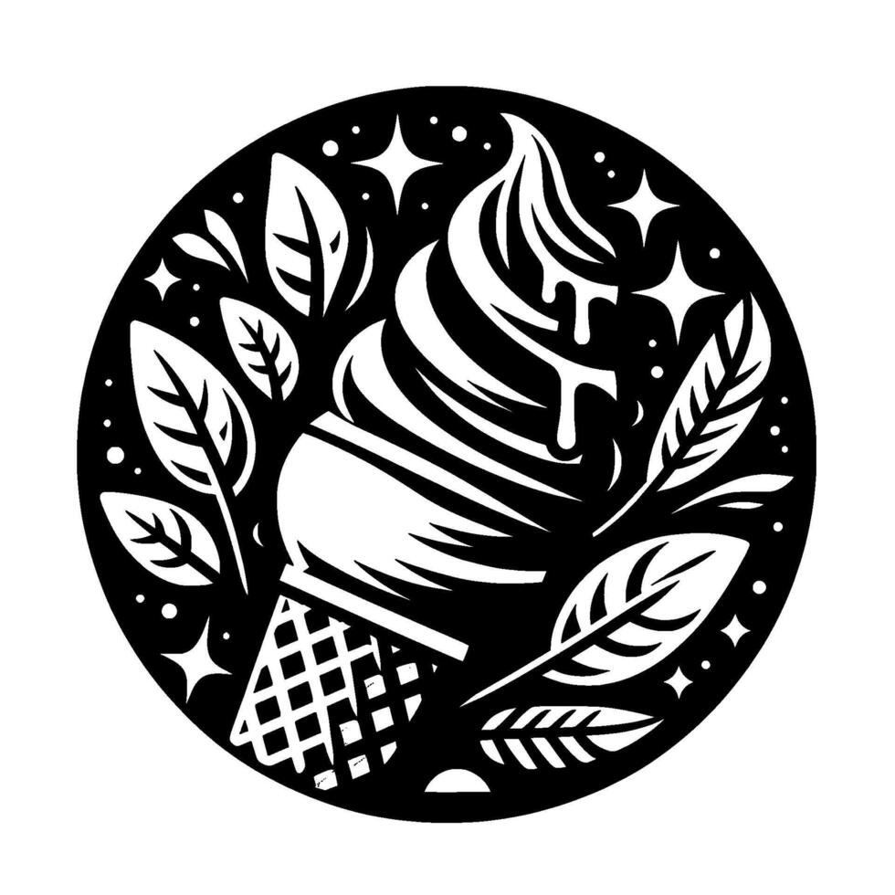Black and white circular illustration of an ice cream cone with melting drizzles, adorned with leaves and stars, creating a whimsical and elegant design. vector