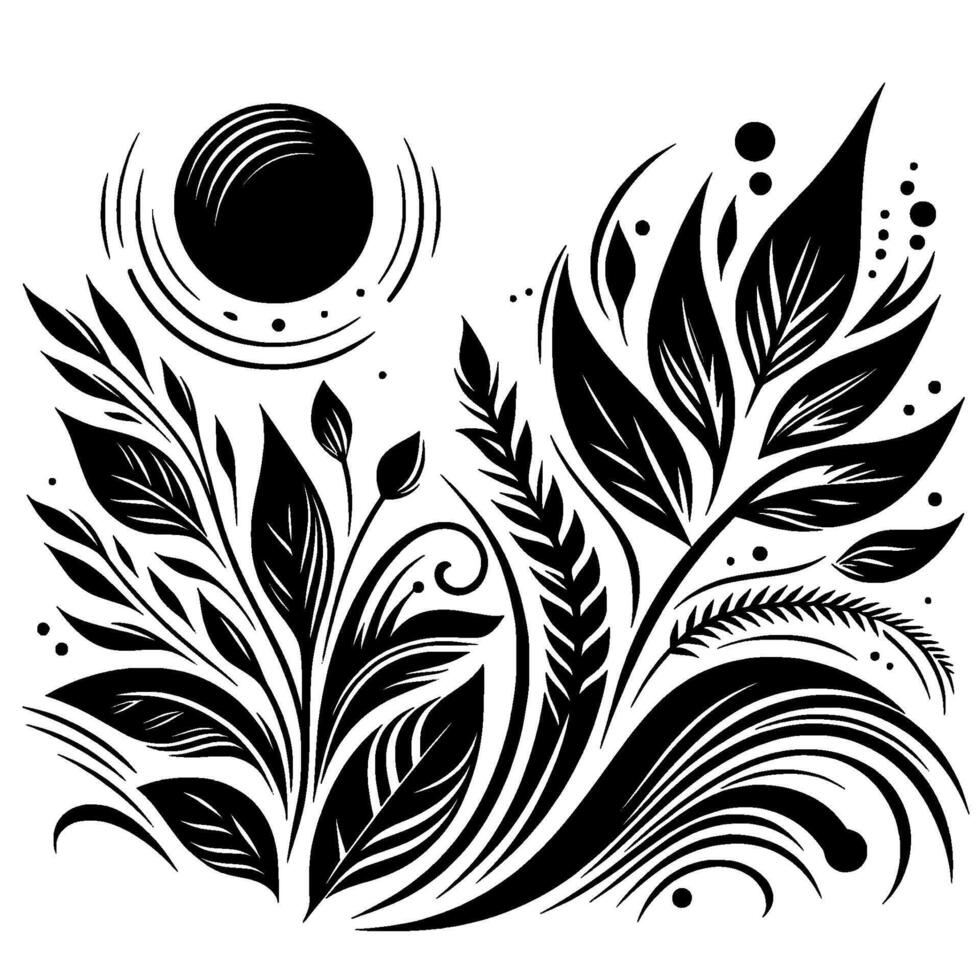 Artistic Black and White Botanical Featuring Sun, Leaves, and Foliage with Elegant Swirls and Dots vector