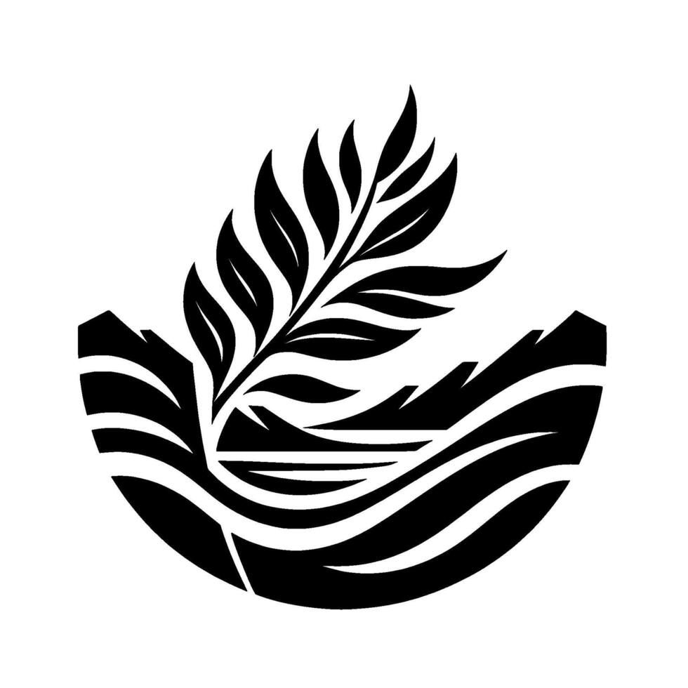 Minimalist black and white featuring a stylized leaf, serene landscape silhouette, and a semicircular frame. vector