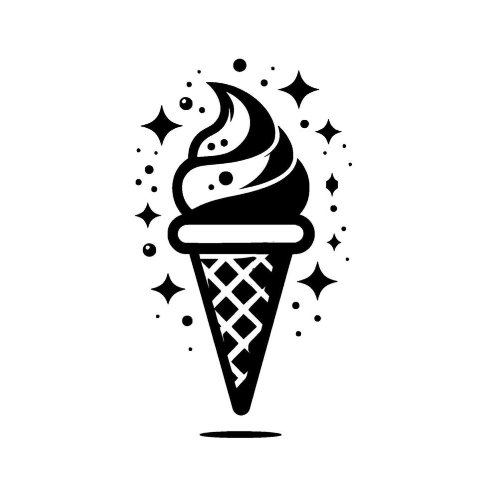 Black and white whimsical illustration of an ice cream cone with swirling soft serve, surrounded by stars and dots. vector