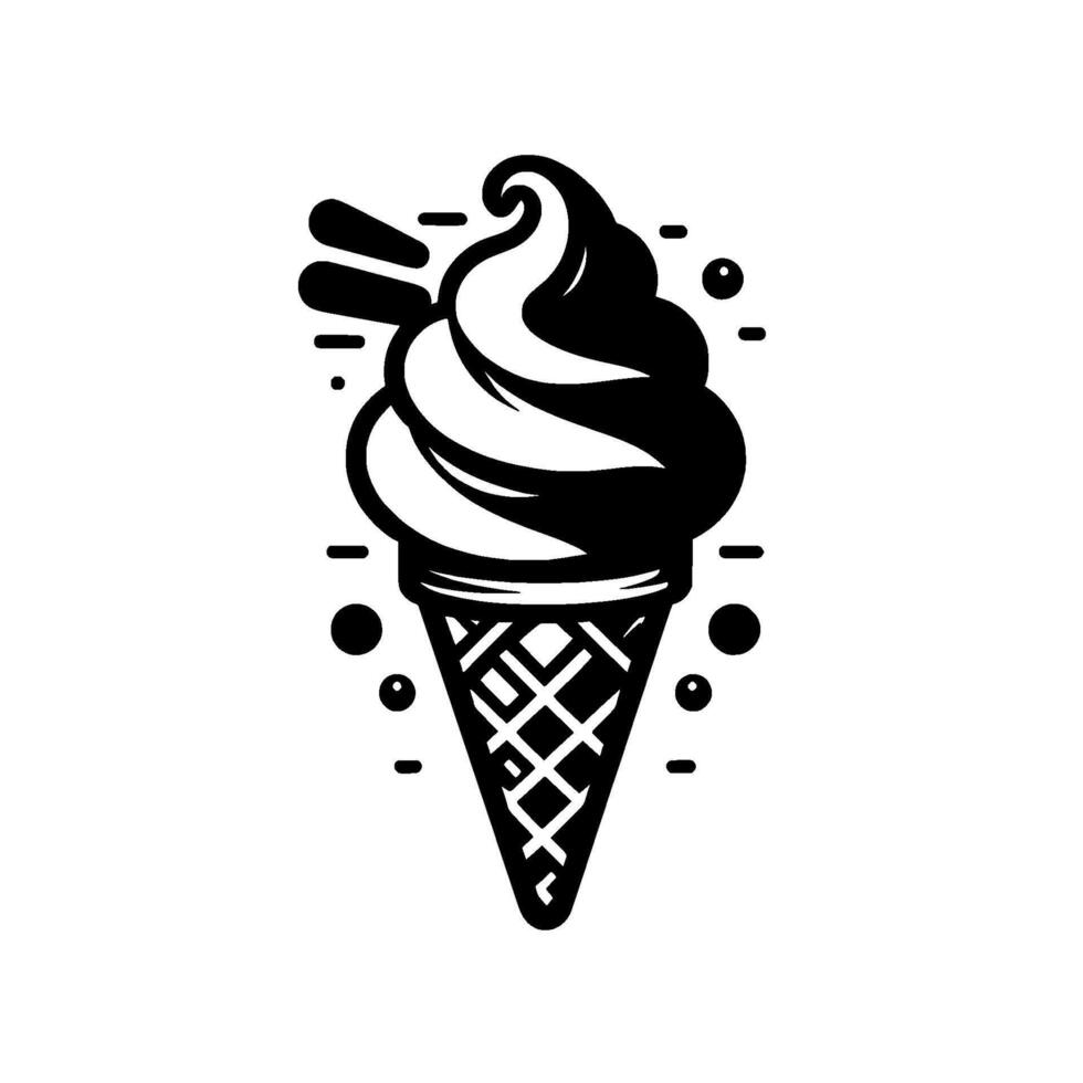 Black and White Minimalist Illustration of a Swirled Ice Cream Cone with Scattered Dots and Lines on White Background. vector
