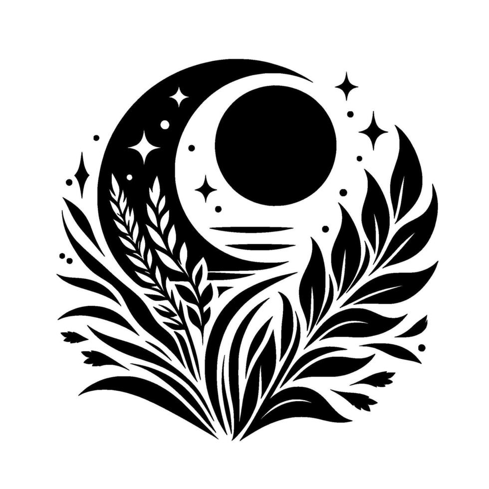 Crescent moon and sun illustration surrounded by foliage, stars, and dots, creating an elegant and mystical circular design. vector