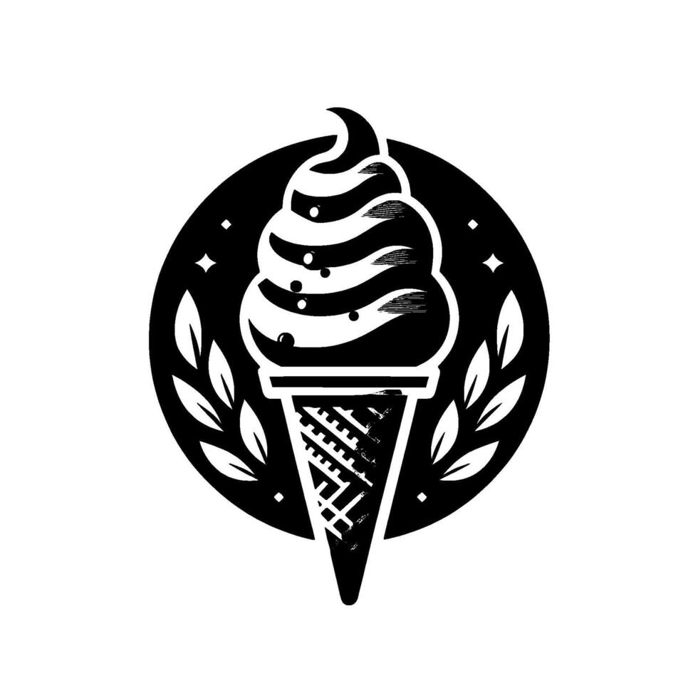 Monochromatic Ice Cream Cone Crest Detailed Swirls, Waffle Cone, Leaf Accents, and Celestial Sparkles within a Black Circle on White Background vector