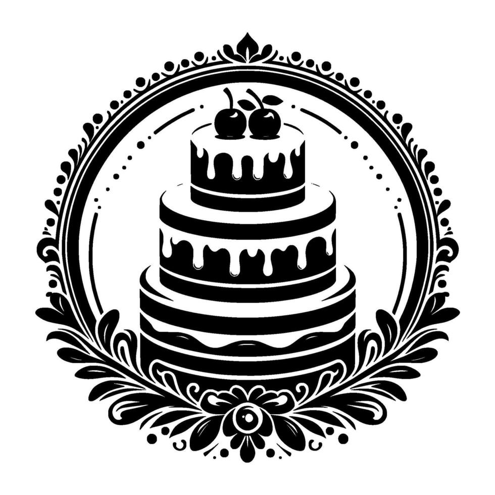 Elegant black and white cake illustration featuring three tiers adorned with dripping frosting and cherries, encompassed within a decorative floral frame. vector