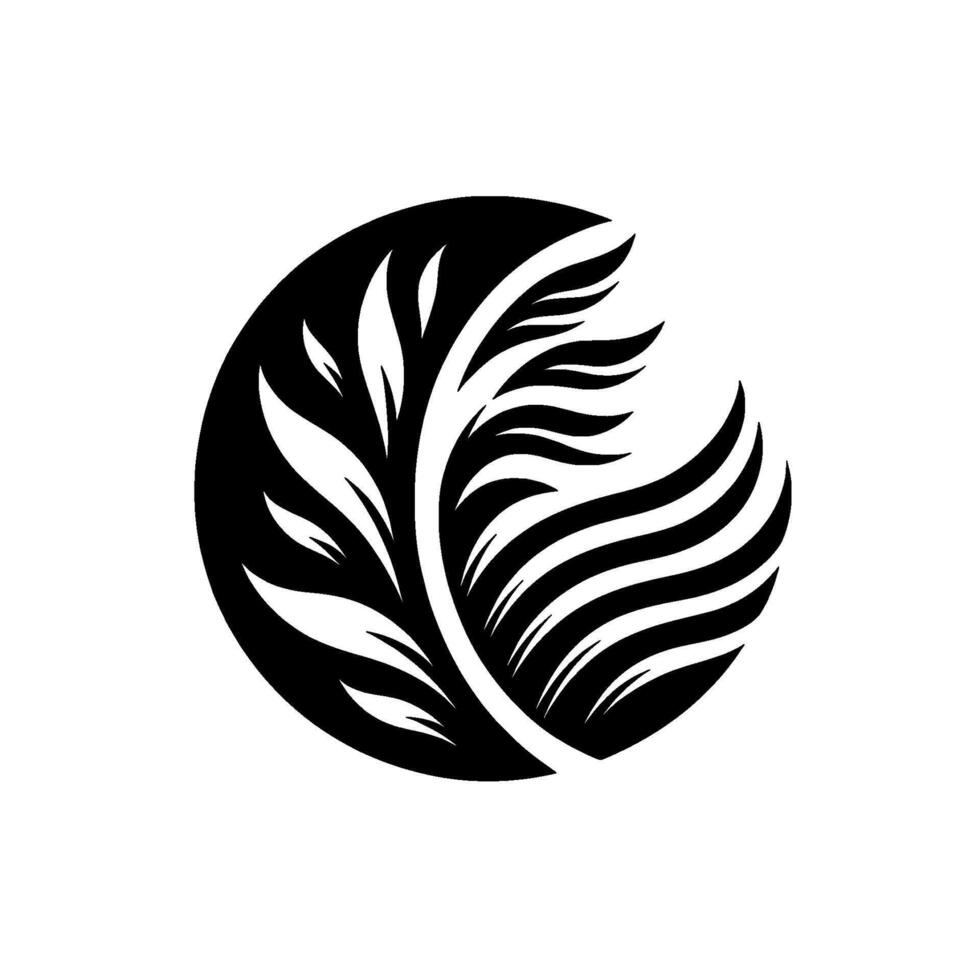 Minimalist Black and White Logo A stylized botanical featuring leaves and curved elements within a halfcircle. vector