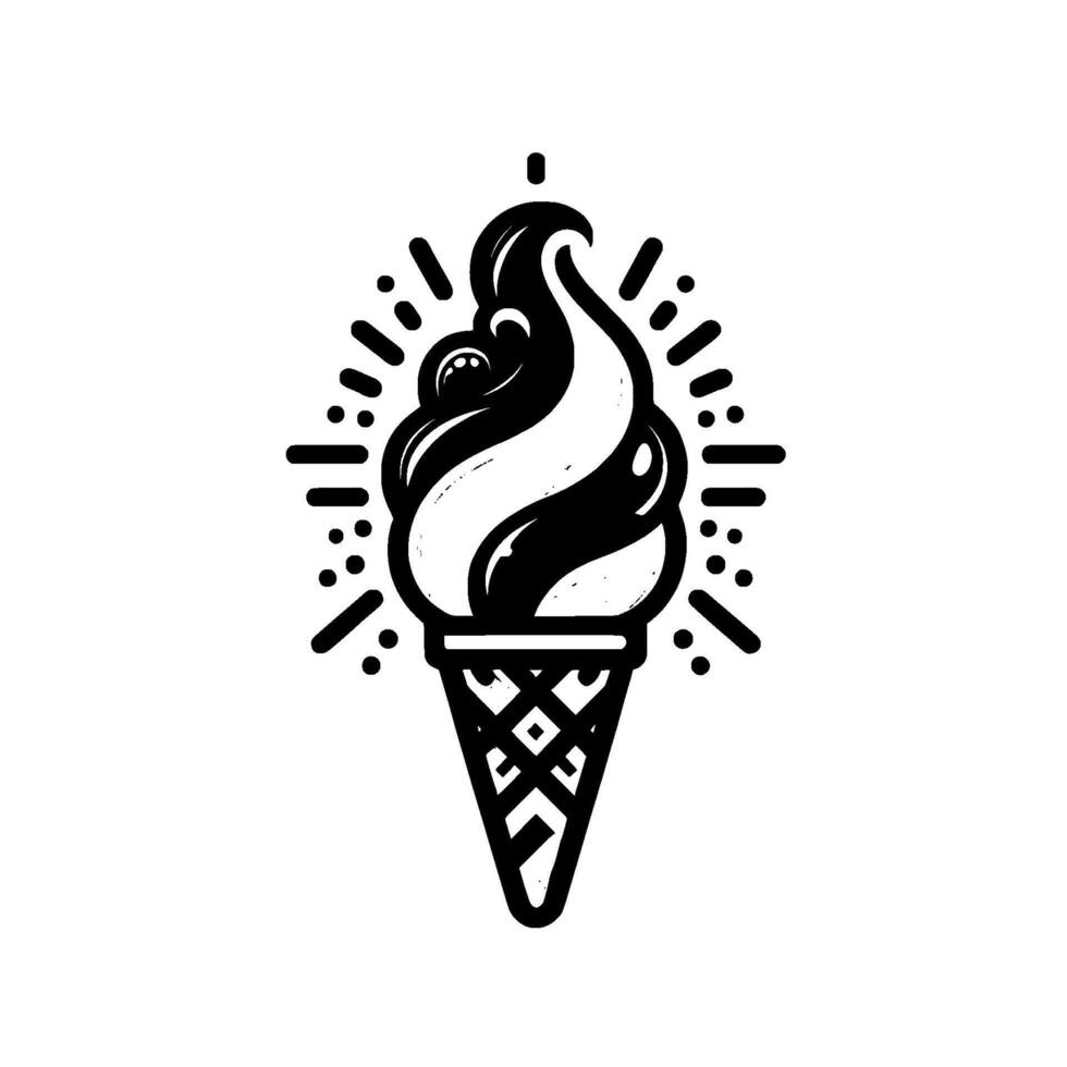 Artistic BW Ice Cream Cone with SunburstInspired Design, Detailed Texture, and Modern Tattoo Style. vector
