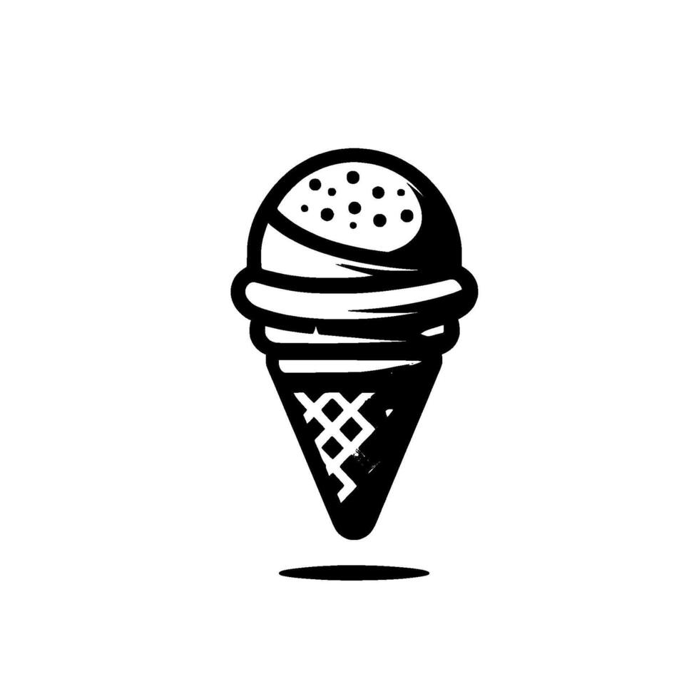 illustration of a stylized ice cream cone with a layered scoop and a textured waffle cone, rendered in a minimalist black and white design. vector