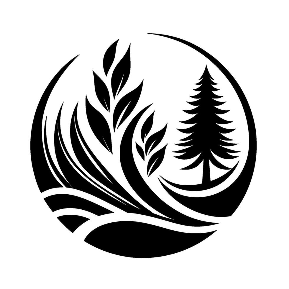 Black and White Circular Emblem Stylized Evergreen Tree Leafy Branch, Nature Theme, Modern Minimalism. vector