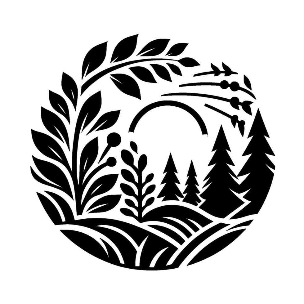 Black and white circular minimalist landscape illustration with trees, plants, and a stylized sun or moon. vector