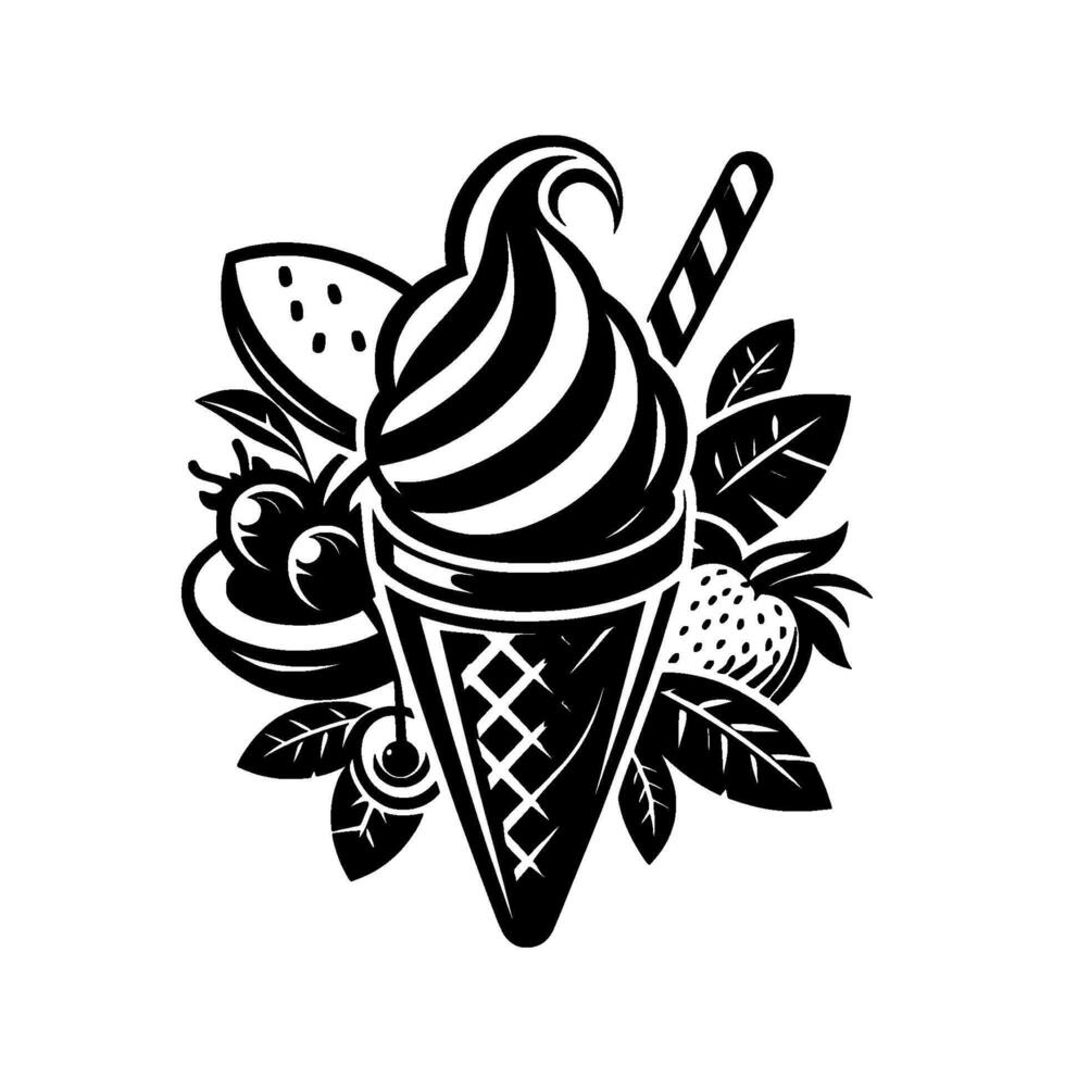Artistic Black and White Illustration of a Swirled Ice Cream Cone Surrounded by Summer Fruits, Leaves, and a Candy Stick, Ideal for Design. vector
