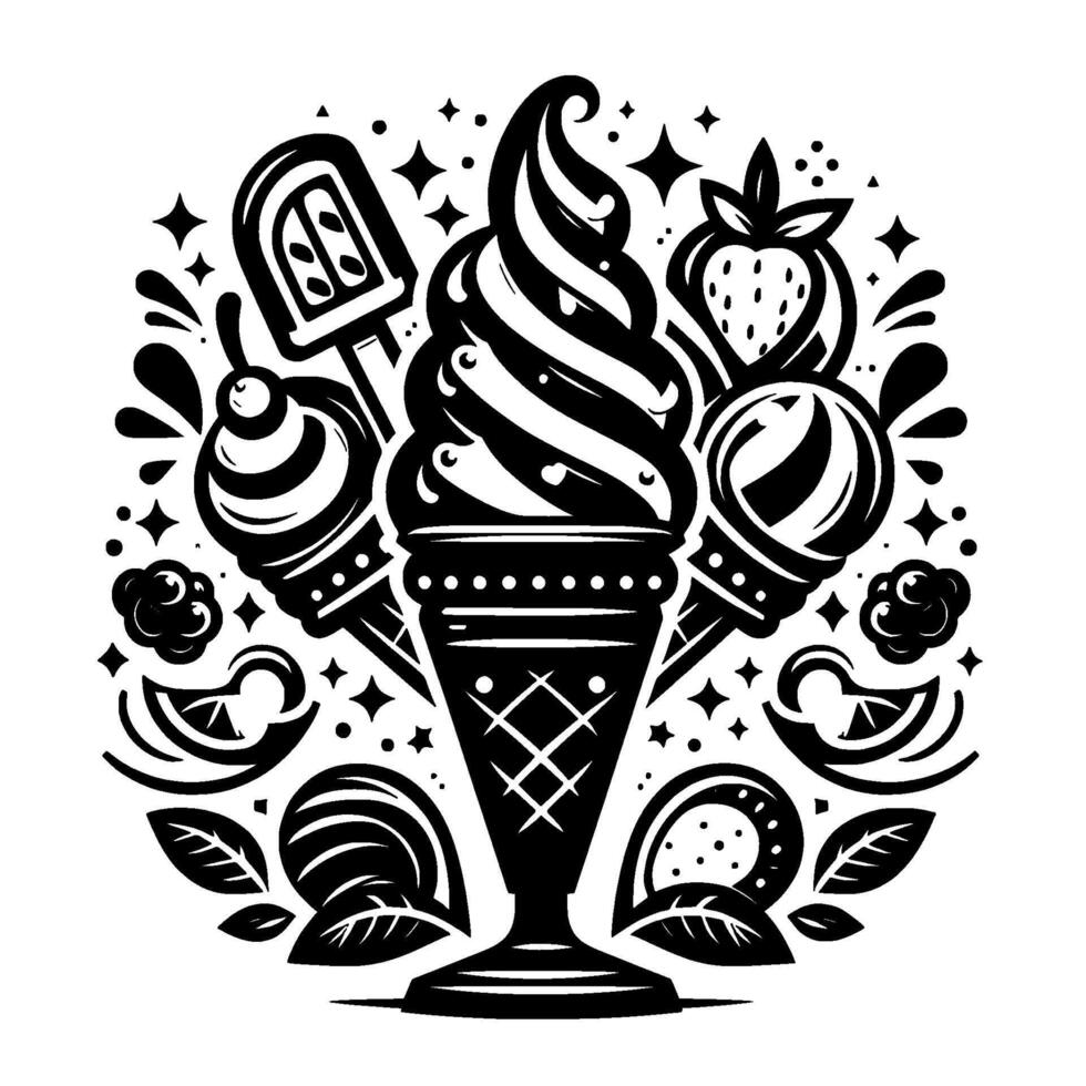 Black and White Composition of Ice Cream Cones, Popsicles, Fruits, and Decorative Elements Arranged in a Circular Pattern with Starburst Accents. vector