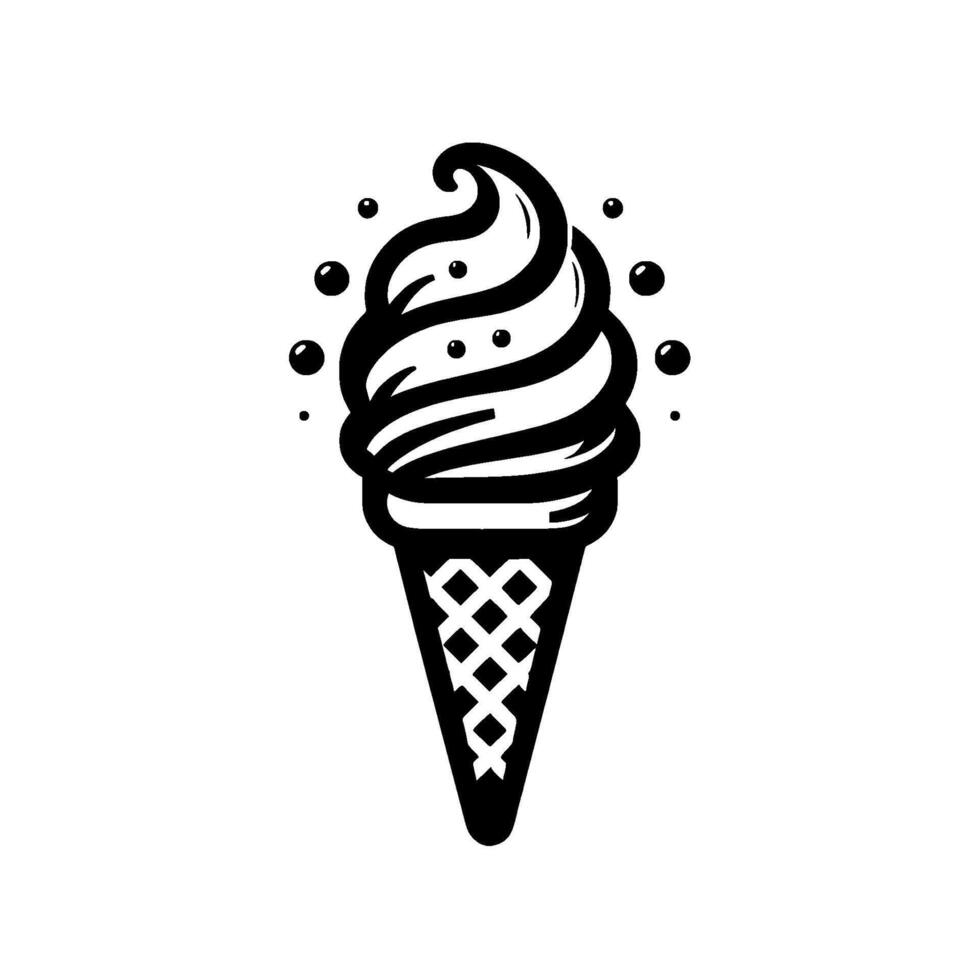 Stylized Black and White Soft Serve Ice Cream Cone with Decorative Bubbles on a White Background vector