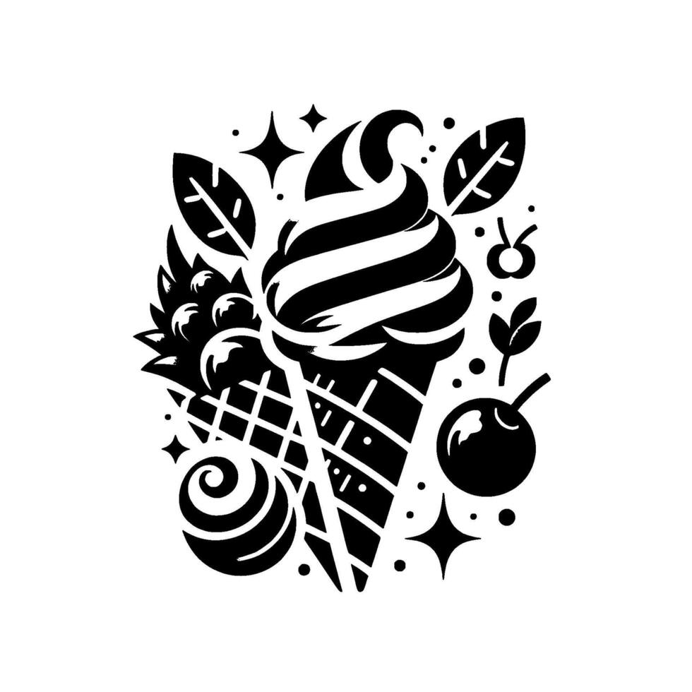 Artistic Black and White Ice Cream Cone with Floral and Fruit Elements, Minimalist Graphic. vector