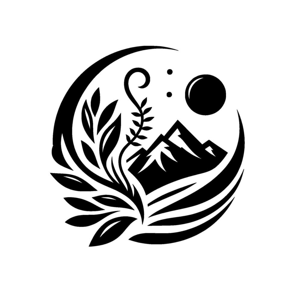 Black and White NatureInspired Emblem Mountains, Foliage, Sun, and Crescent Moon in a Circular Design. vector