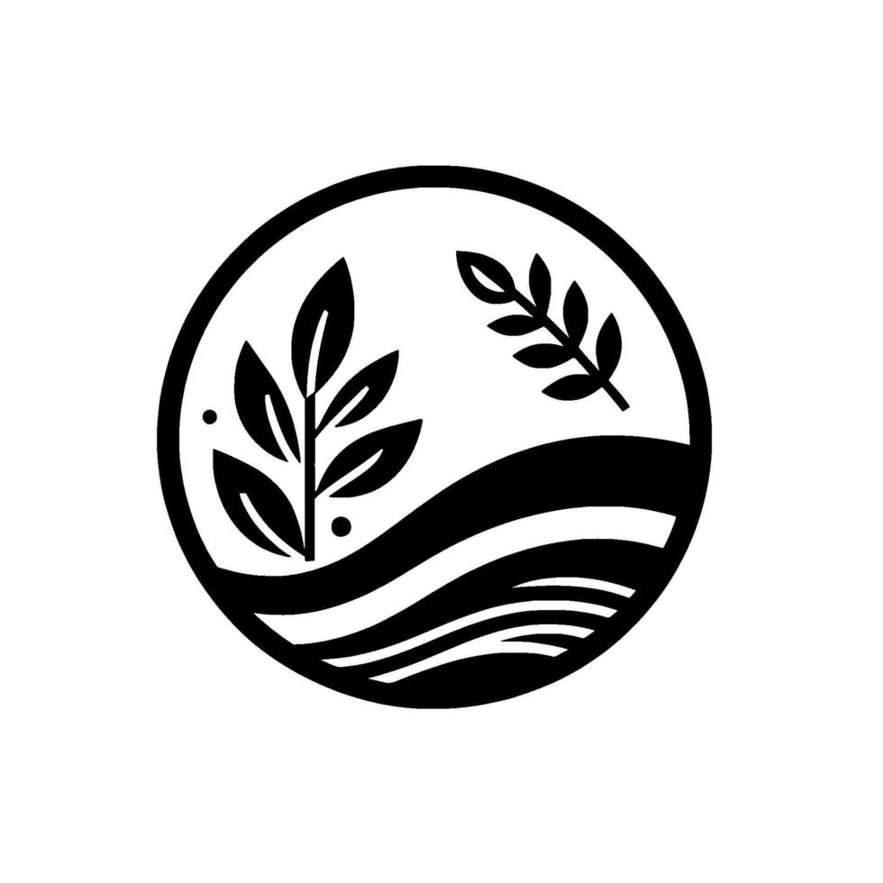 Minimalist Black White Circle Logo stylized nature scene featuring two leaf branches above layered stylized waves. vector