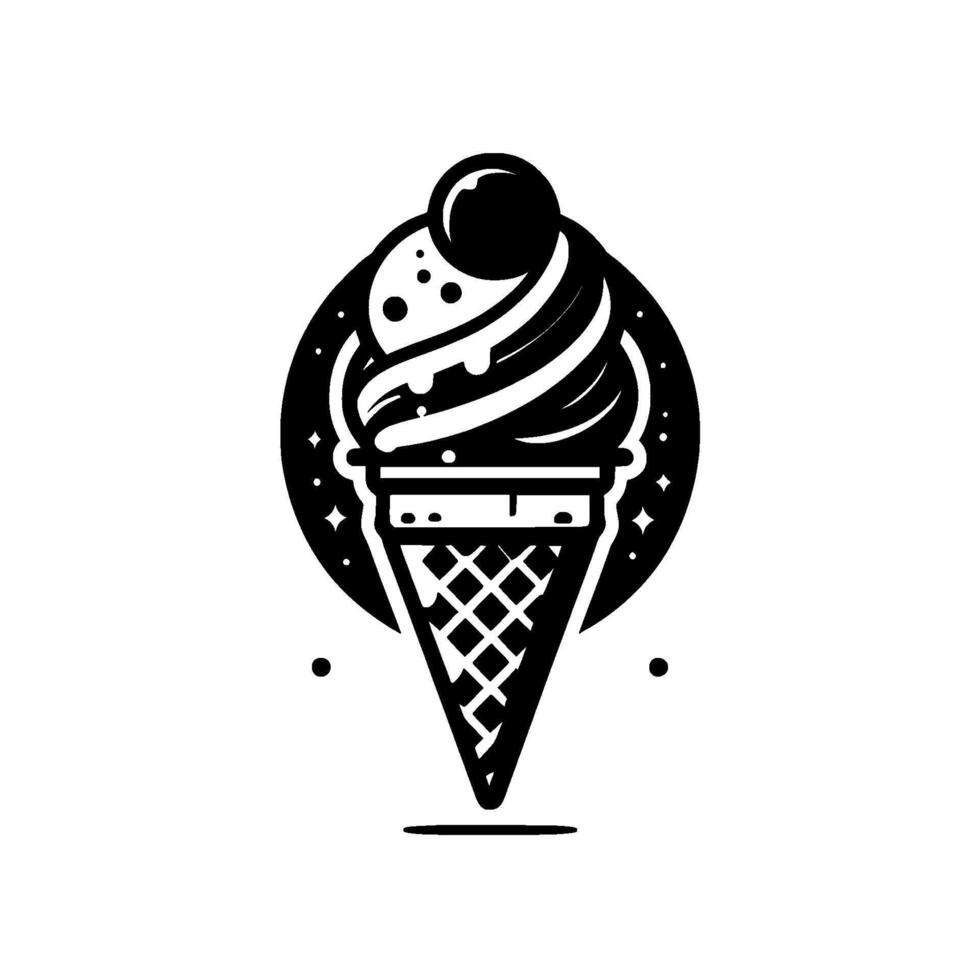 Black and White Illustrated Ice Cream Cone, Set Against a Starry Circle, Simple vector