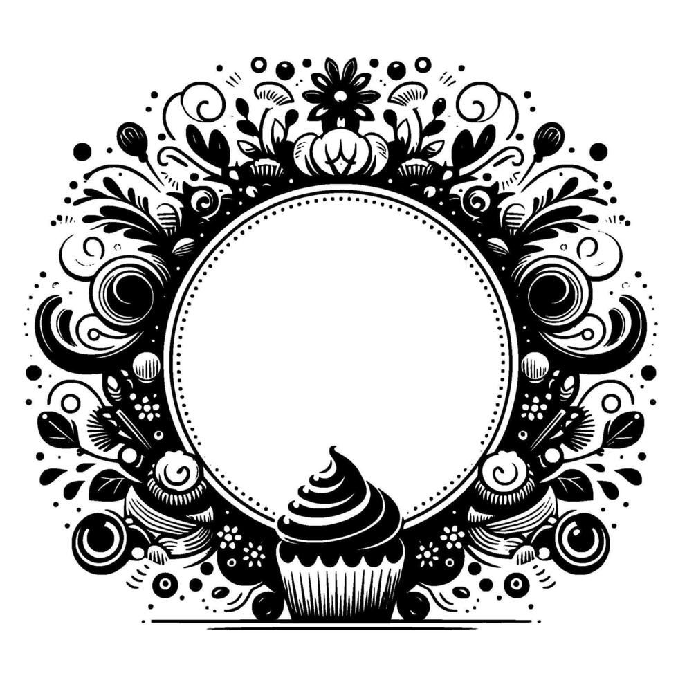 Ornate Monochrome Floral Frame with Cupcake Elegant, Decorative, Circular Design, and a central space. vector