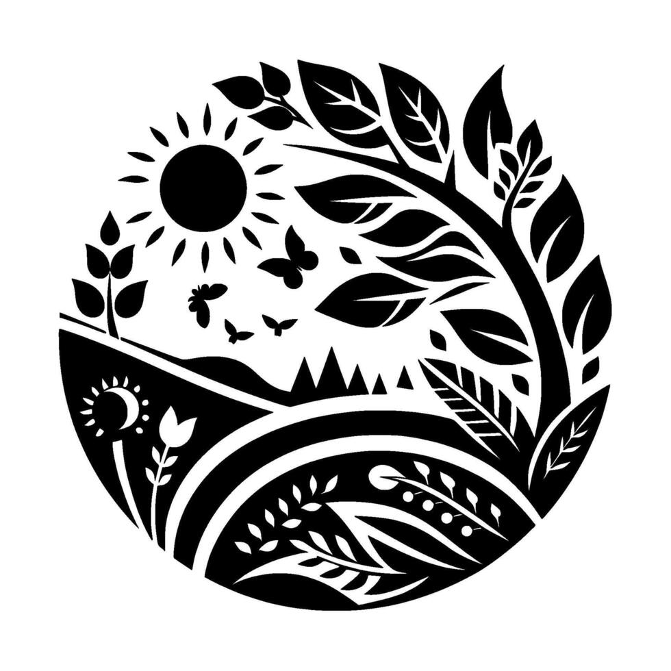 Circular black and white illustration of a stylized landscape depicting the sun, butterflies, foliage, and a flowing design. vector