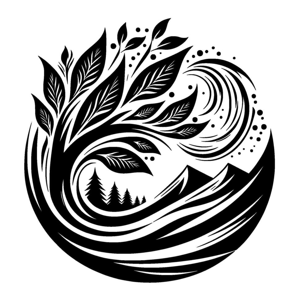 A stylized black and white circular featuring a tree with leaves, mountains, pine trees, and wavelike elements within. vector