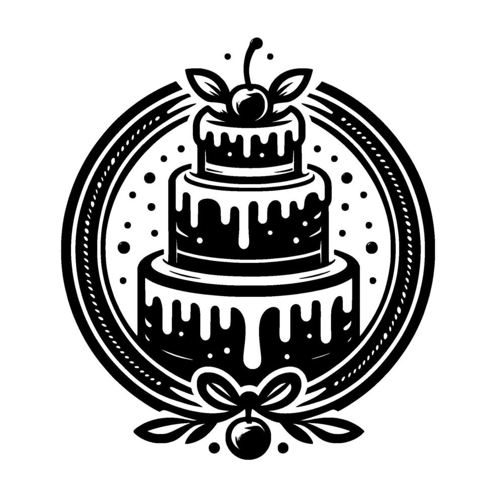 Monochromatic Black and White Illustration of a Layered Cake, Cherry Topping, and Ornate Circle Frame vector