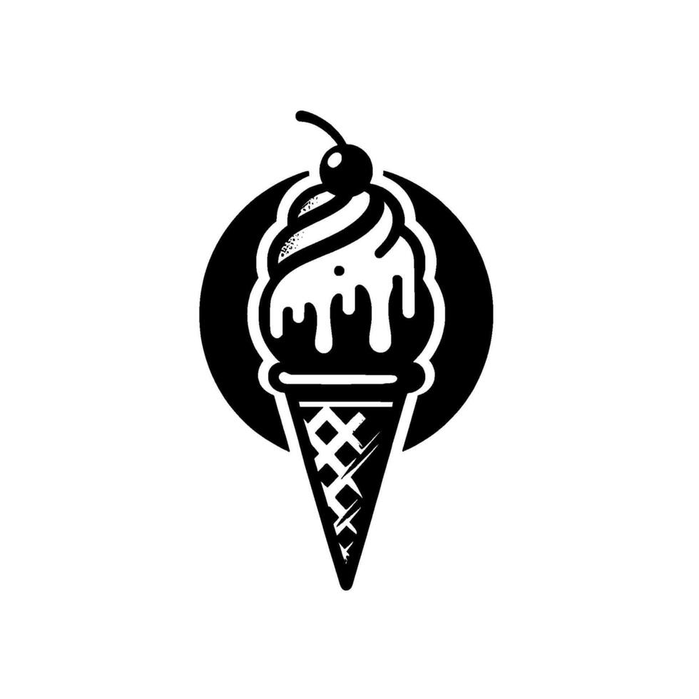 Minimalist Black and White Ice Cream Featuring a Cherry on a Drizzling Scoop Above a Waffle Cone. vector
