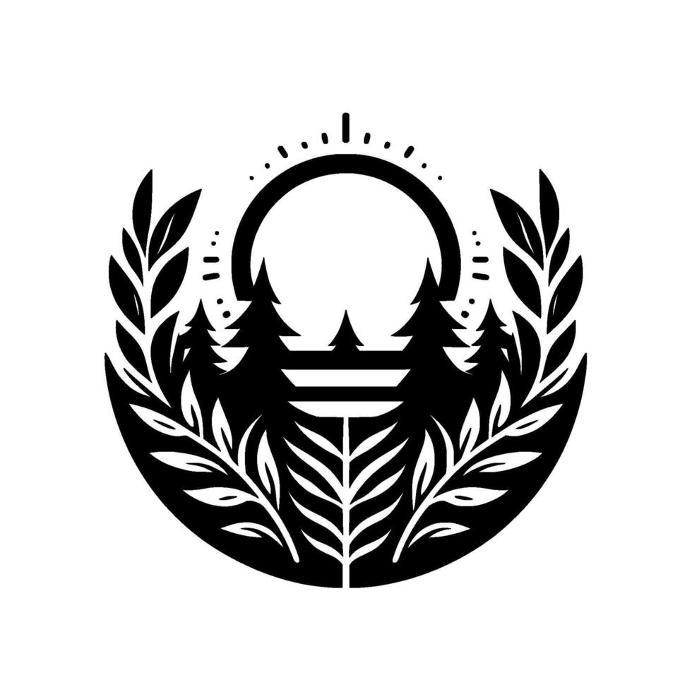 Black White Illustration Forest Scene inside a Circular Frame with Trees, Sun, Foliage, and Minimalist Aesthetic. vector