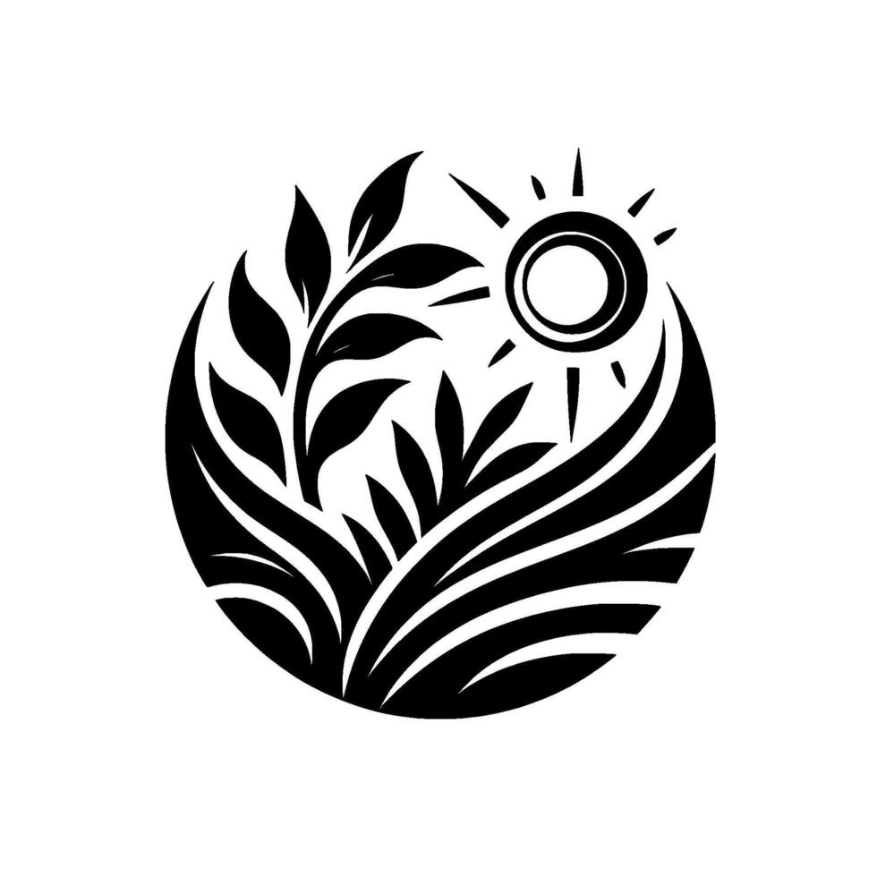 Black and White Symbolic Illustration of a Thriving Landscape Sun Shining over Flourishing Plants within a Circular Emblem vector