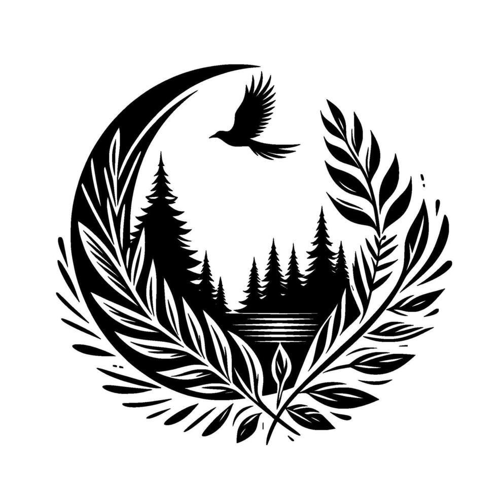 Circular nature scene silhouette forest, lake, bird in flight, and decorative leaf border, monochrome. vector