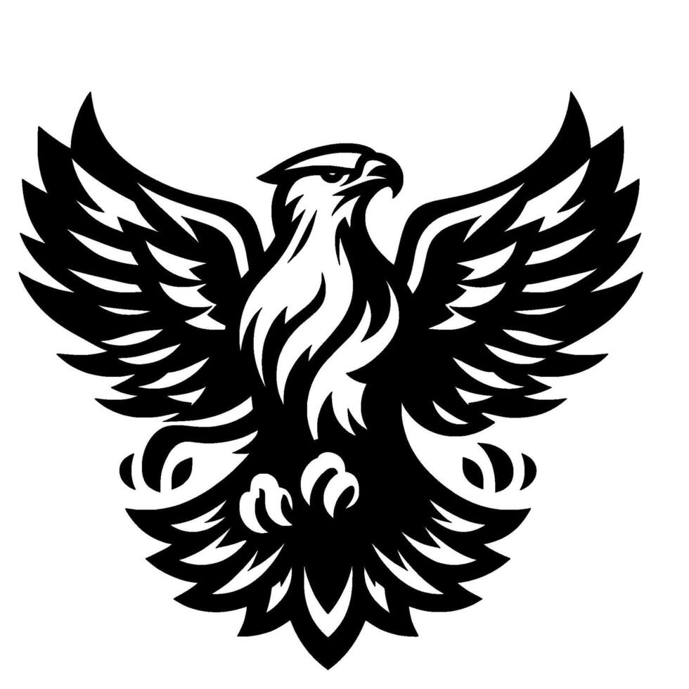 A majestic black and white eagle emblem, wings spread, fierce gaze, minimalist on a white background, conveying power and freedom. vector