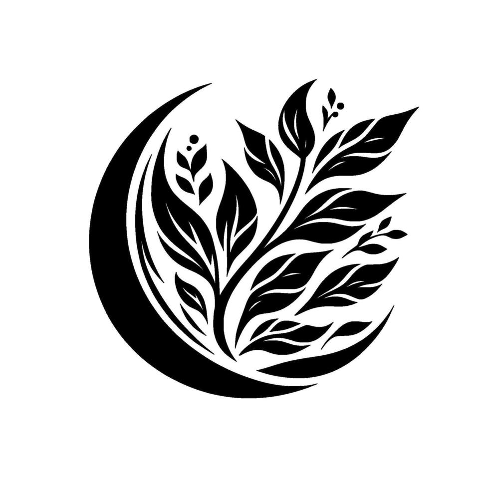 Elegant Black and White Botanical Logo CrescentShaped with Branching Leaves and Subtle Berry Accents on White Backdrop. vector
