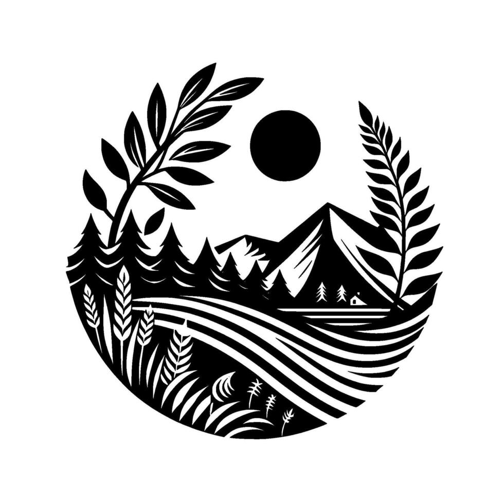 Serene Black and White Scenic Round Composition Mountains, Trees, Fields, Home, Sun, and Foliage. Natures Embrace. vector