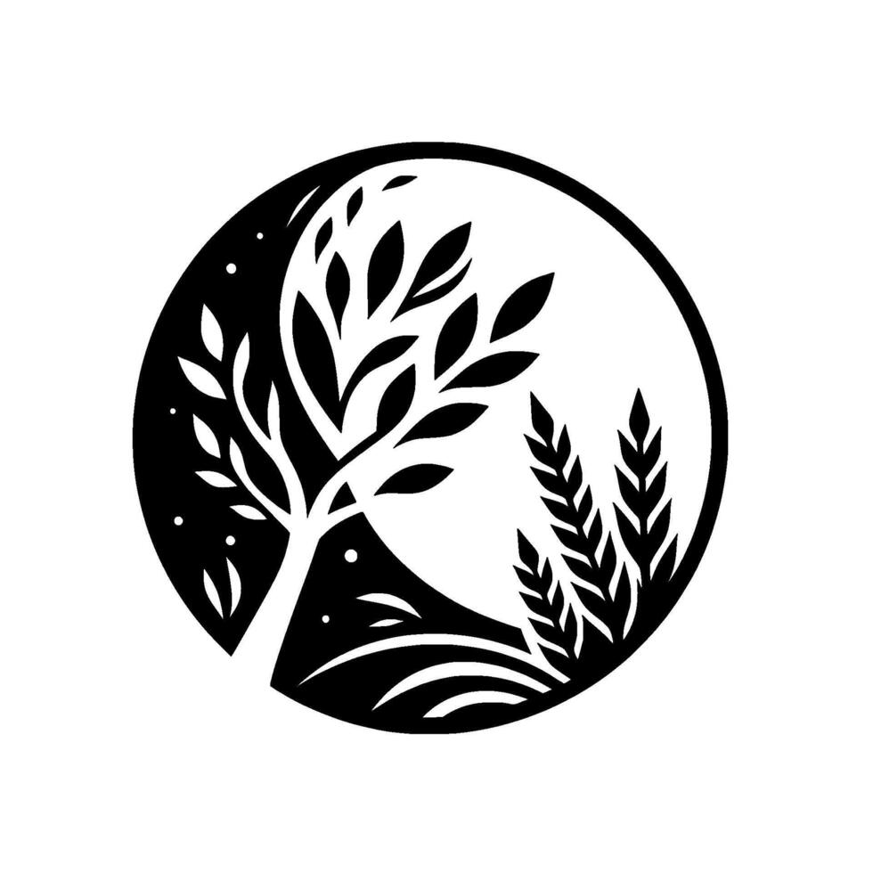 Yin Yang Inspired Monochrome Nature Design A stylized tree, wheat, and foliage within a circular frame symbolize balance. vector