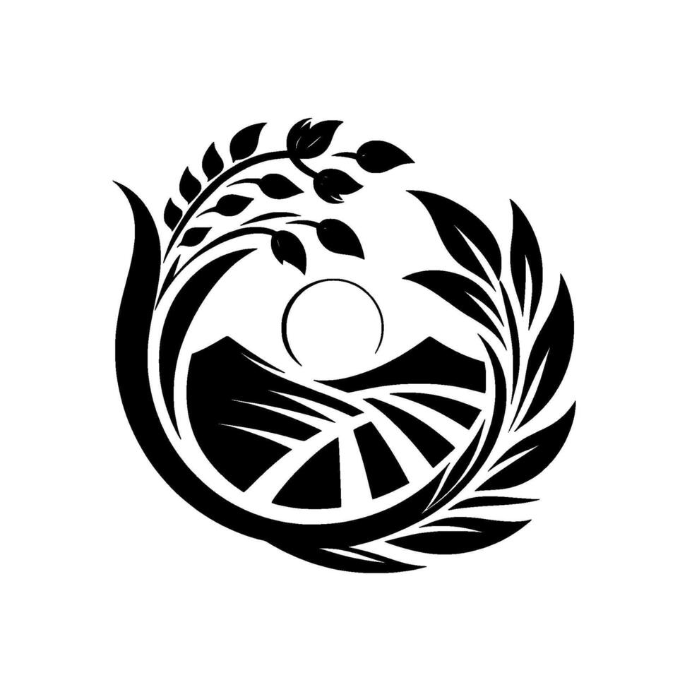 A stylized black and white depicting a rural landscape with fields, mountains, sun, and surrounding foliage, suggesting growth. vector