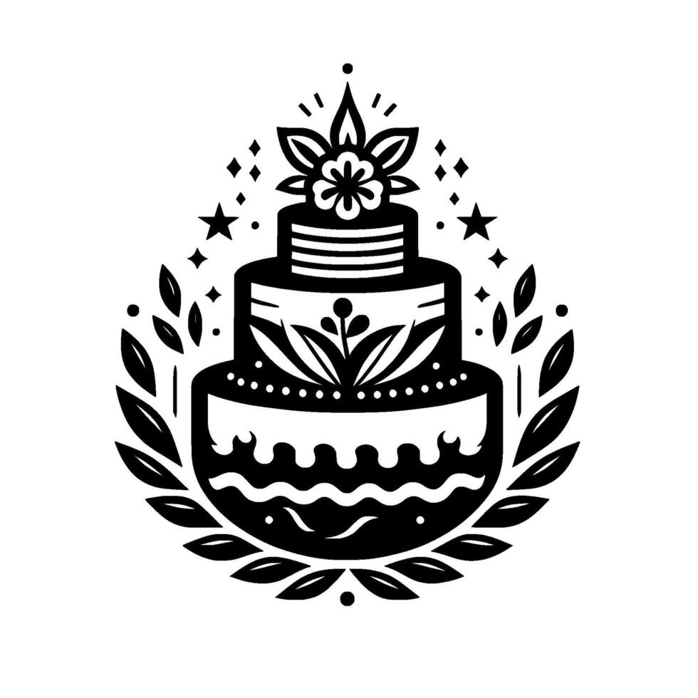 Elegant Black and White Illustration of a ThreeTiered Cake with Floral and Foliage Decorations, Framed by Laurel Wreath and Embellished with Stars. vector