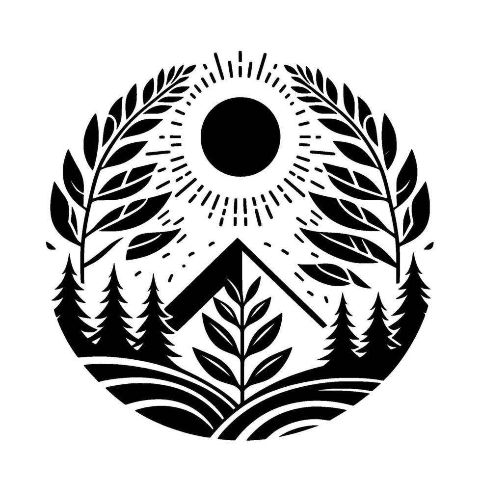 Black and white minimalist nature emblem sun, mountains, trees, and foliage within a circular frame, simple design. vector