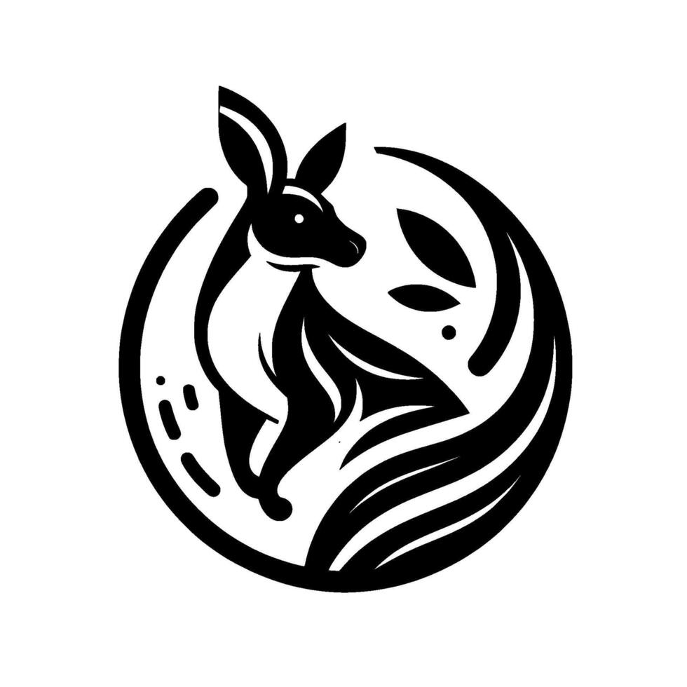 Stylized, Monochrome Kangaroo in a Circular Emblem with Leaf Accents and Dots, Illustrating a Modern, Minimalist Concept. vector