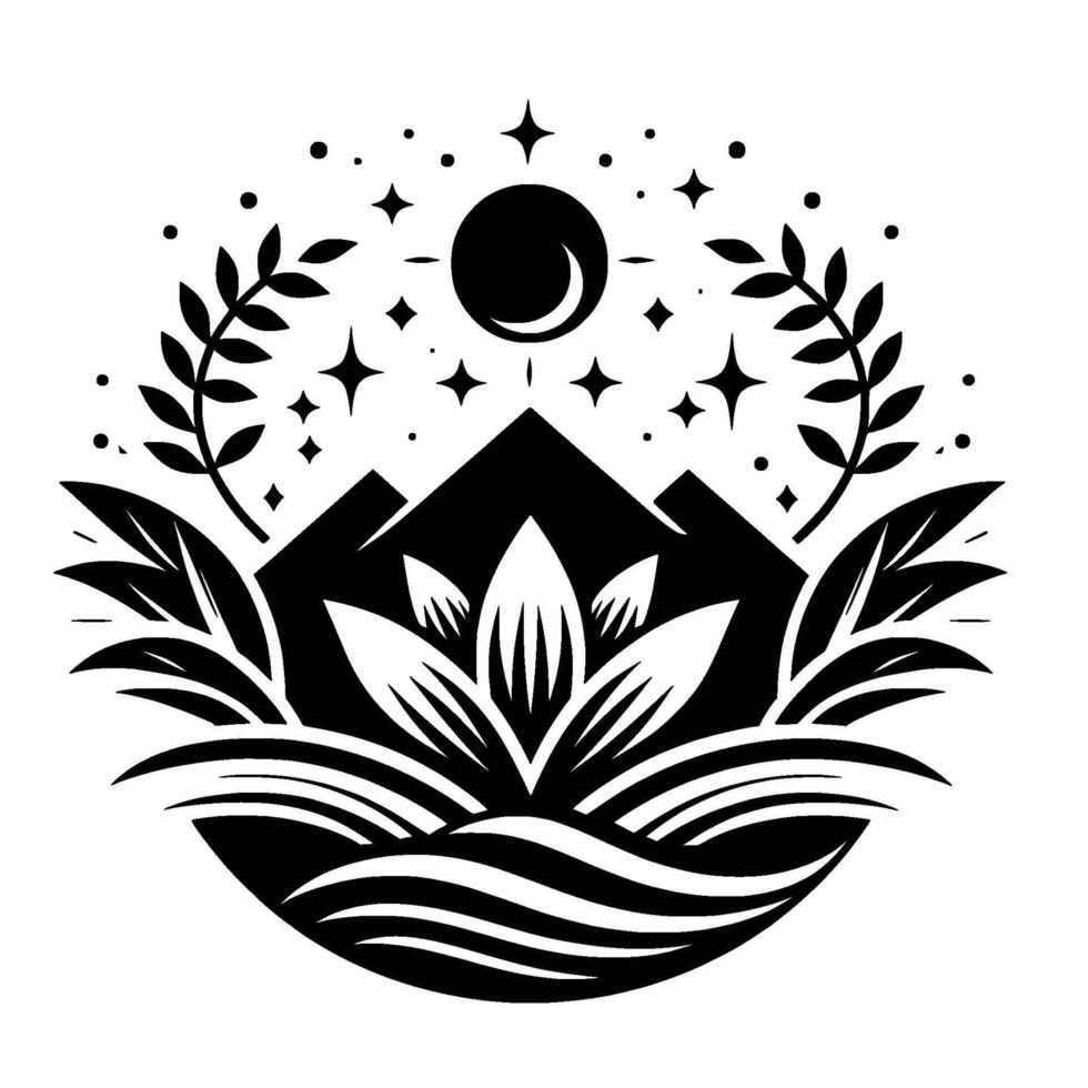 Celestial Lotus A symmetrical, black and white art piece combining mountains, a lotus flower, celestial elements, and natural motifs. vector