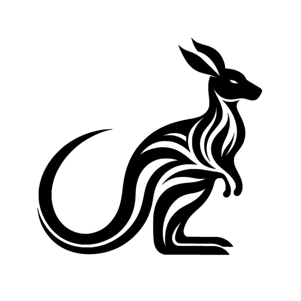 Stylized Black and White Kangaroo Silhouette with Ornamental Striped Body, Shadow, and Minimalist on White Background. vector
