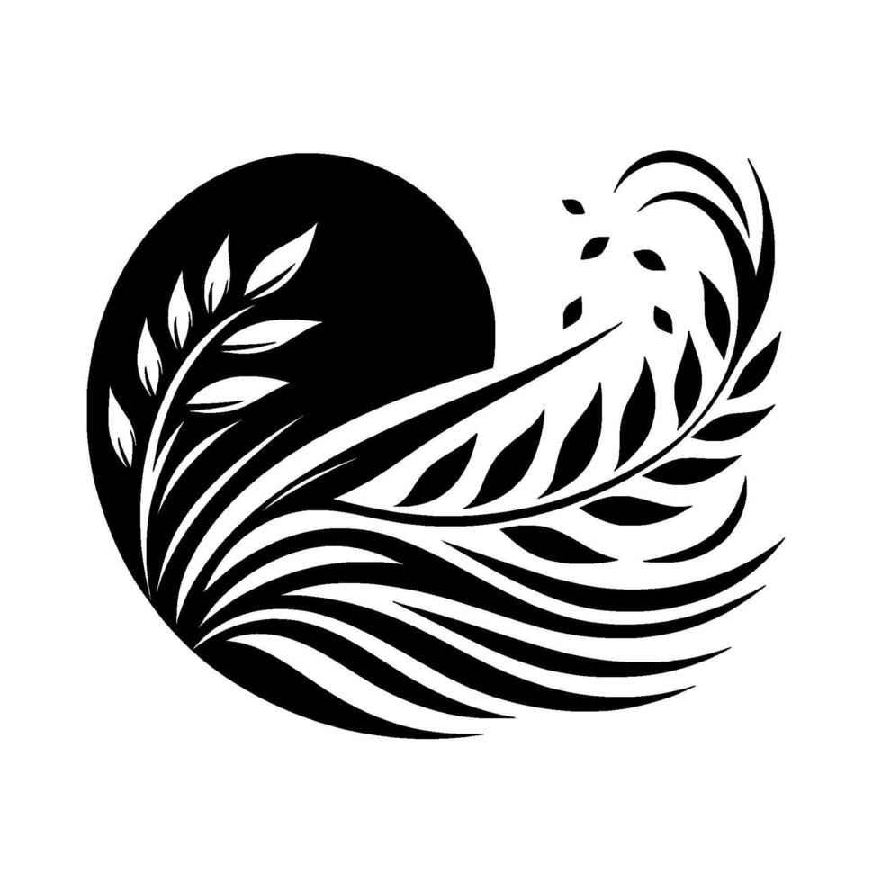Elegant Black and White Design A Stylized Botanical Composition with Leaves, Branches, and Sun in a Circular Arrangement. vector