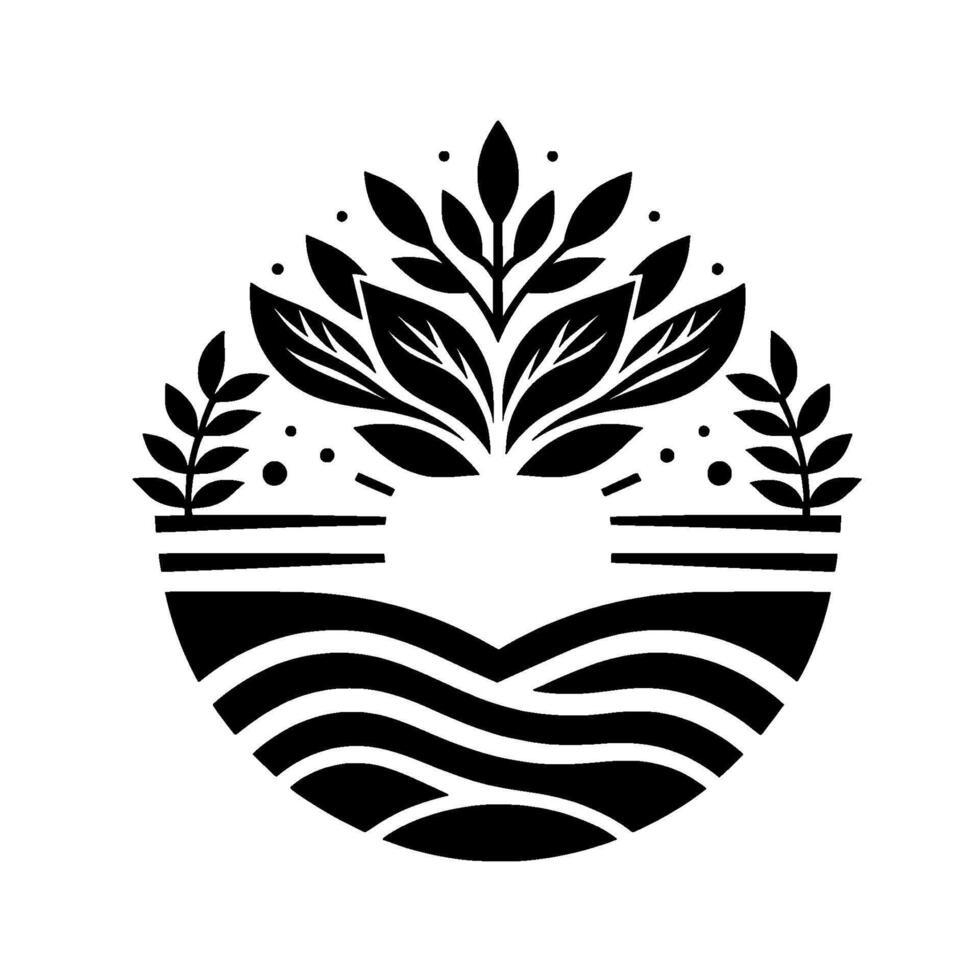 Monochromatic Botanical Logo Central Foliage Above Waves within a Circular Composition of Leaves and Black Lines. vector