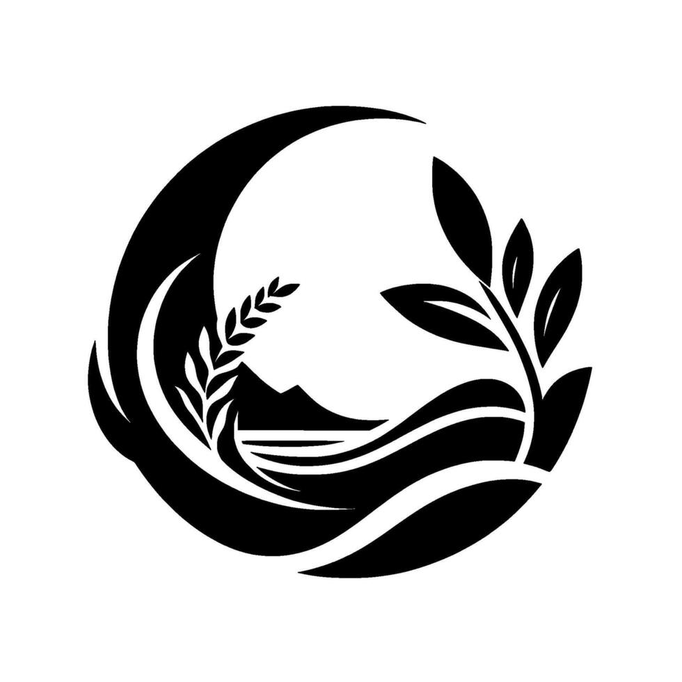 Elegant Black and White Logo Crescent Moon, Wheat, Mountain, and Leafy Branch in a Circular Representing Nature Agriculture. vector