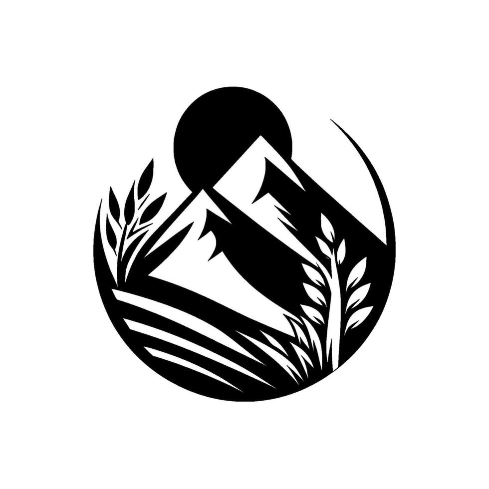 A stylized black and white circular depicts a mountain range beneath a sun, encompassed by foliage. vector