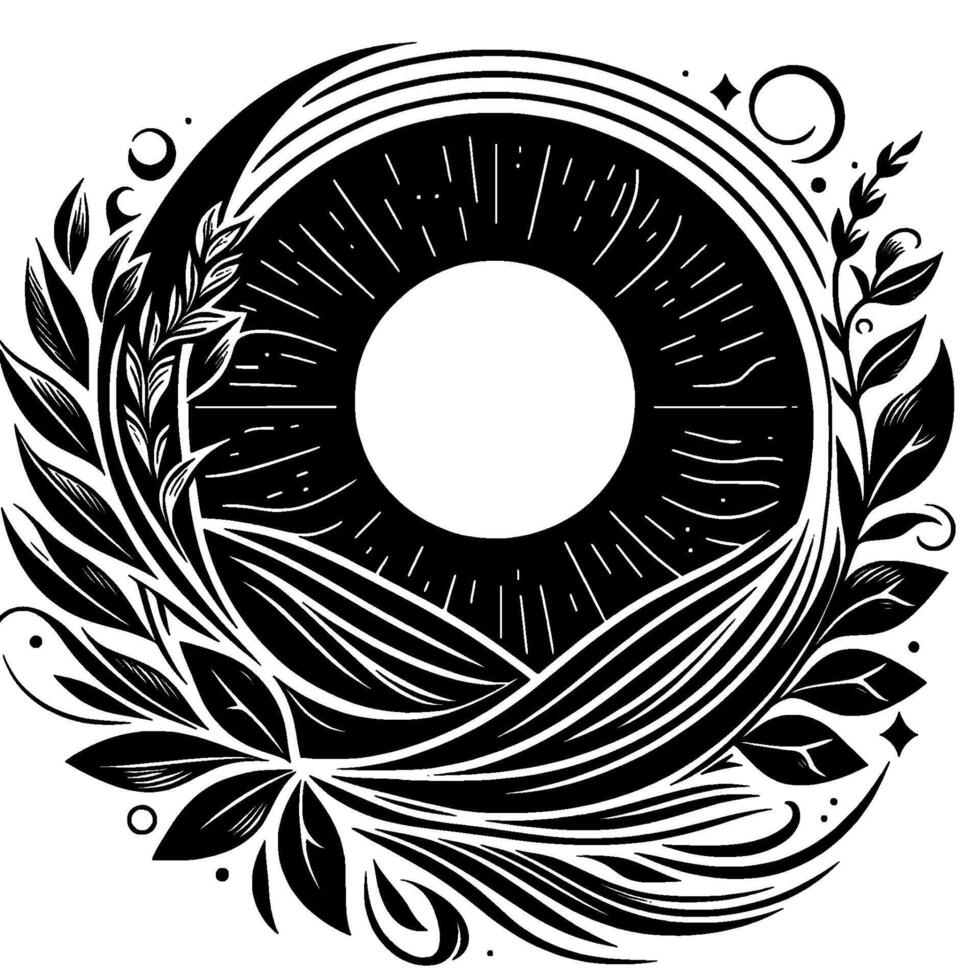 Ornate, Black and White Circular Illustration Sunlike Center, Leafy Floral Border, Symbolic Art Design. vector