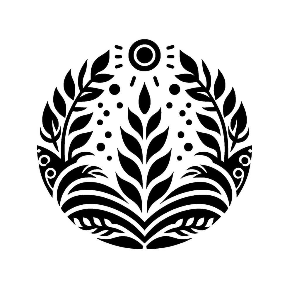 Circular Black and White Floral with Sunburst Elements, Featuring Symmetrical Foliage and Decorative Dots. vector